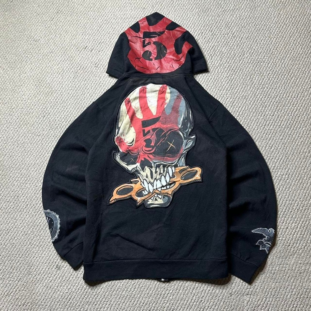Y2K Vintage 2000s skater grunge Embroidered Five Finger Death Punch skull Hoodie - Picture 2 of 8